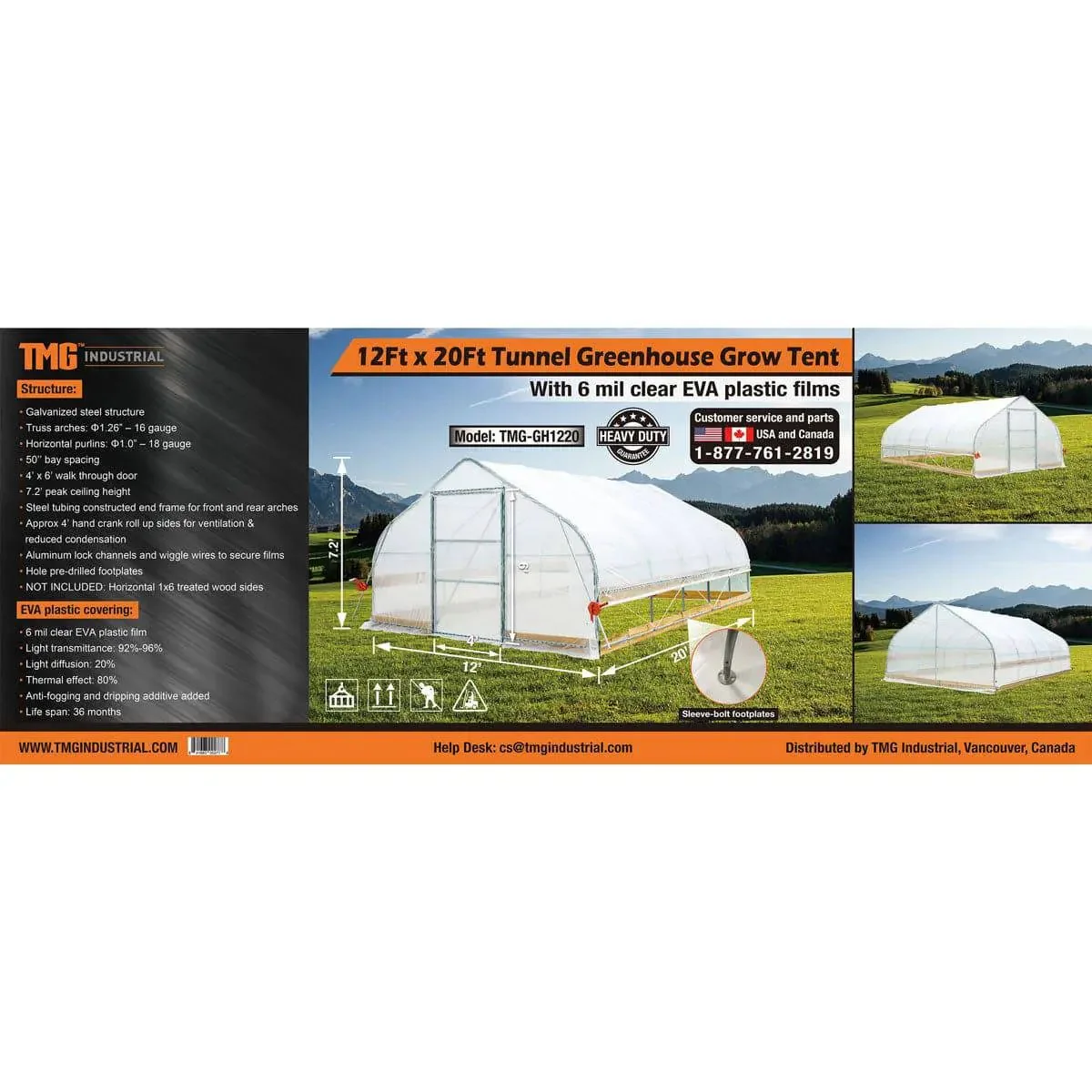 3.7 x 6.5 m Tunnel Greenhouse Grow Tent with 6 Mil Clear EVA Film, Roll-Up Sides, TMG-GH1220 - Image 15