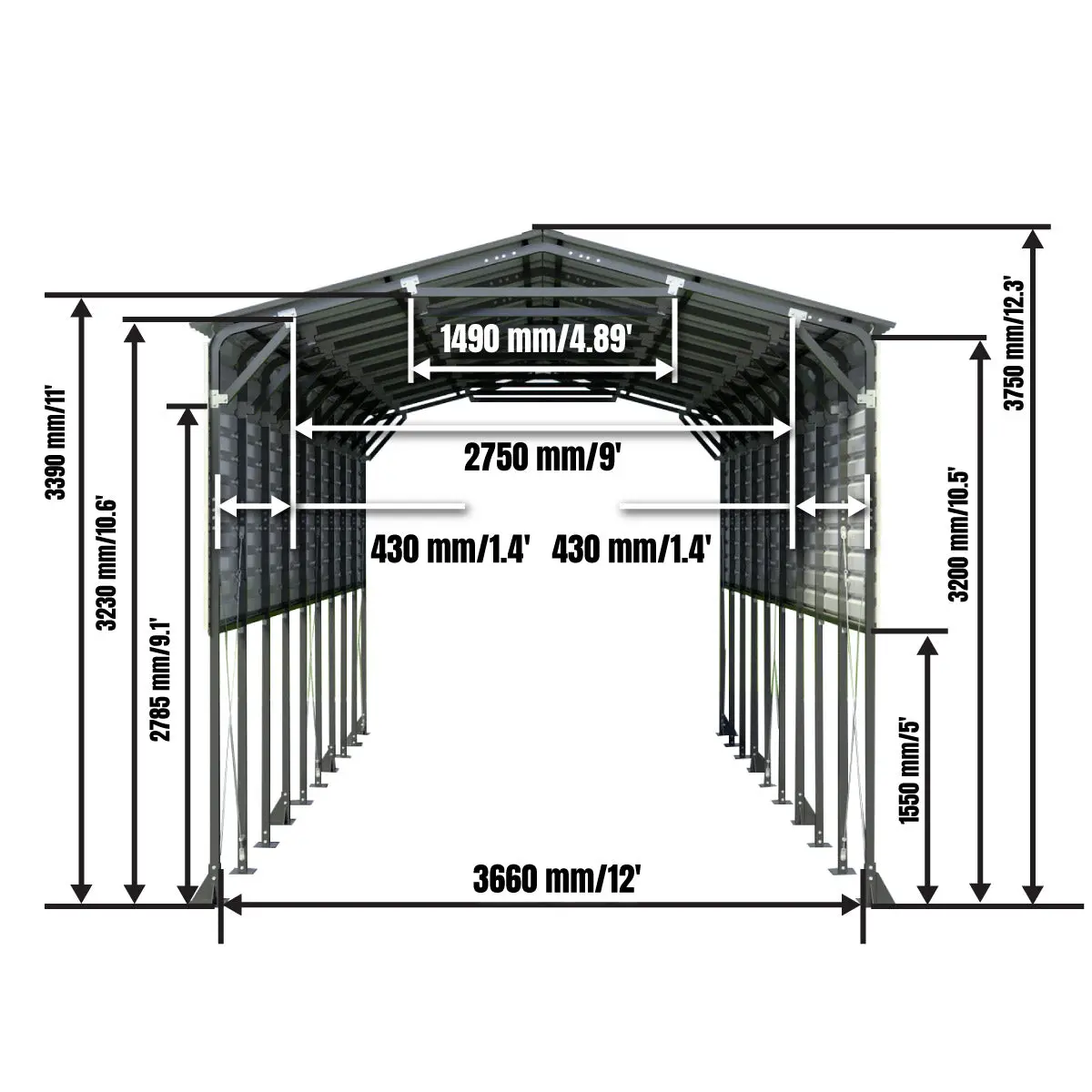 3.7 x 9 m Metal Shed Boat Shelter, 3.75 m Peak Height, 3.39 m Clearance TMG-MSB1230 - Image 3