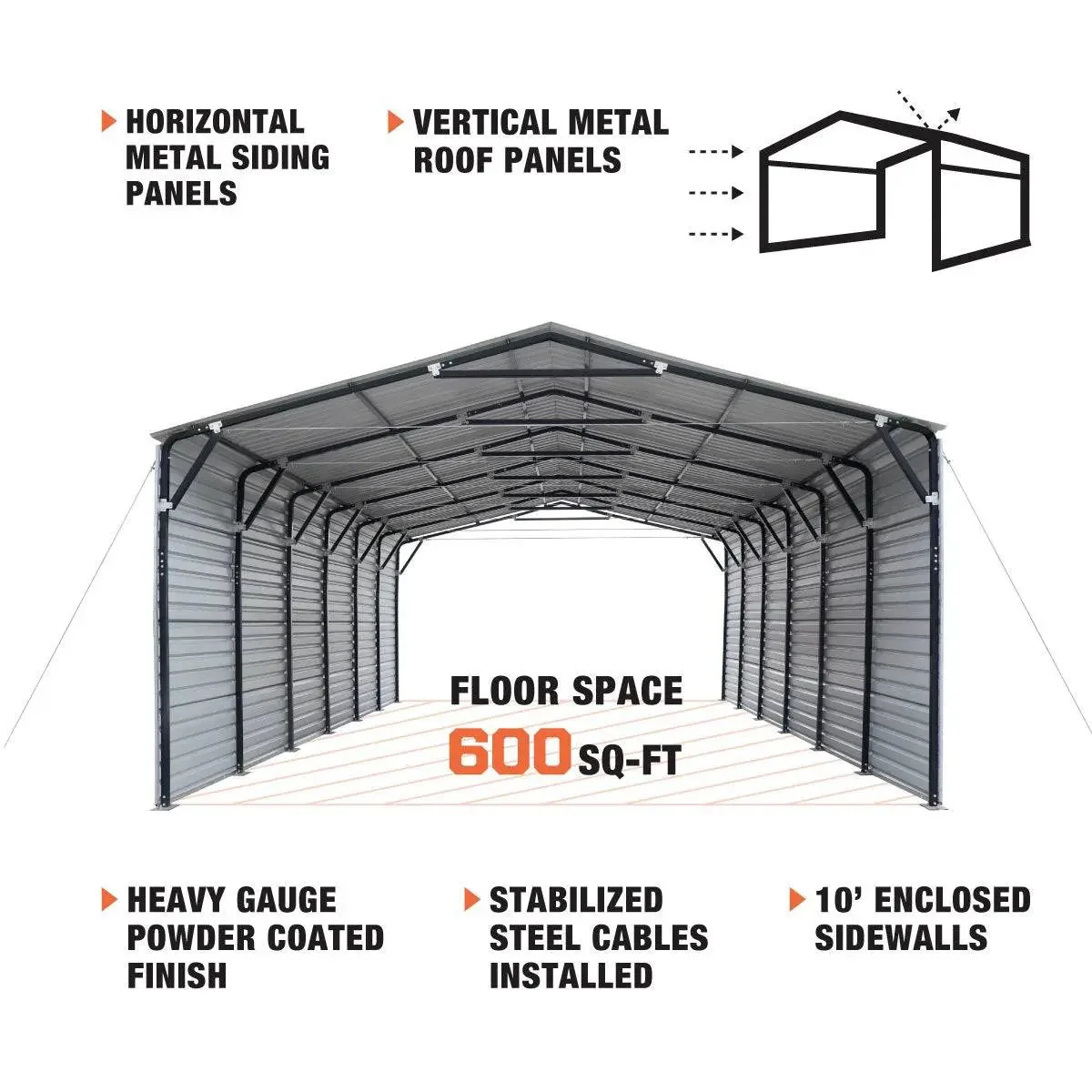 6 × 9 m Metal Shed Carport with 2.9 m Enclosed Sidewalls, 3.8 m Peak Height, TMG-MSC2030F - Image 4