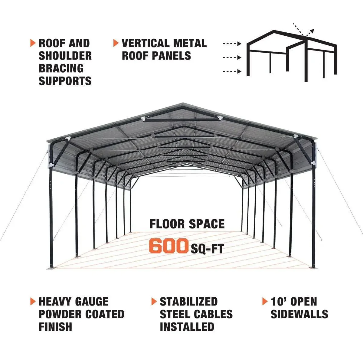 6 × 9 m Metal Shed Carport with 2.9 m Open Sidewalls, 3.8 m Peak Height, TMG-MSC2030 - Image 3