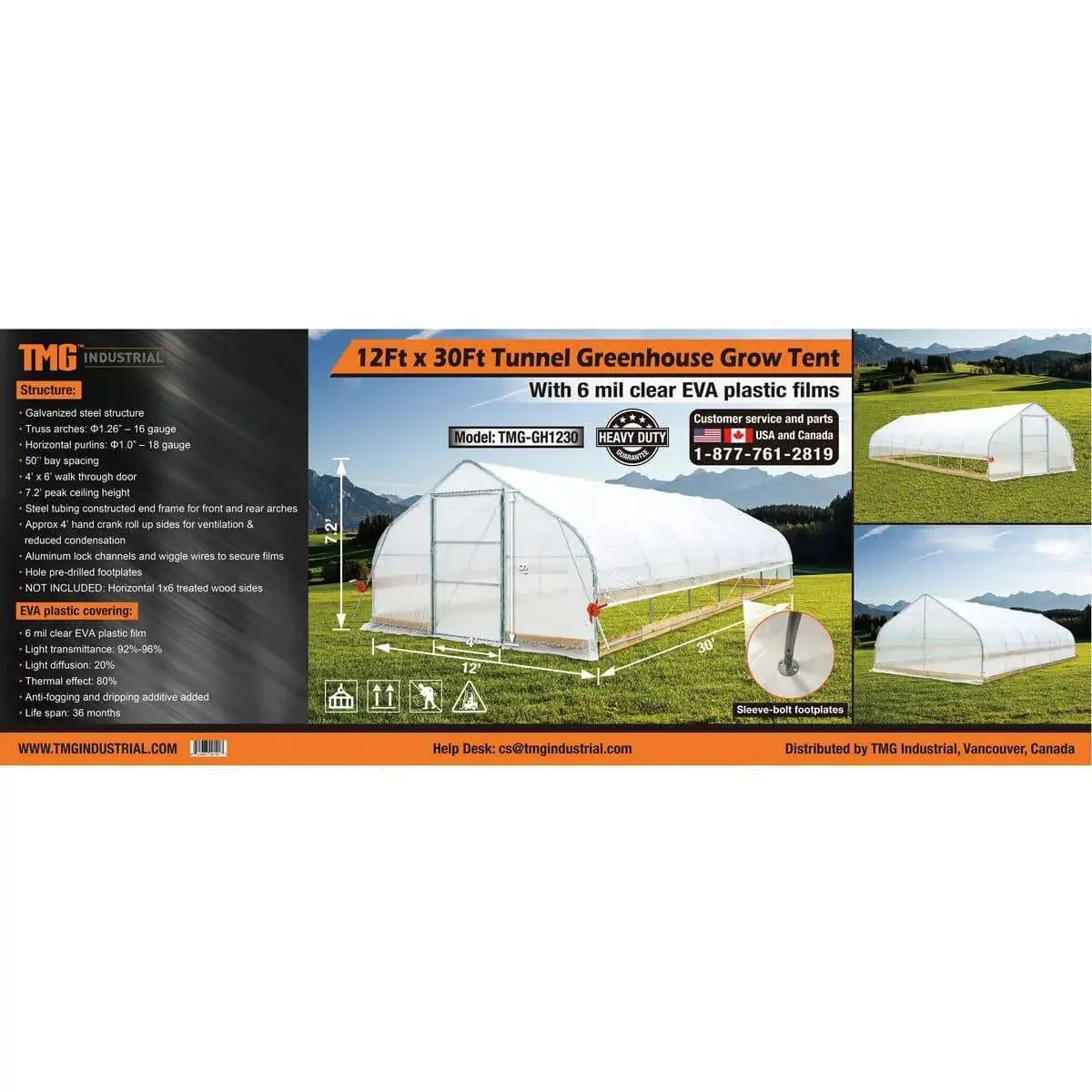 3.7 x 9 m Tunnel Greenhouse Grow Tent with 6 Mil Clear EVA Film, Roll-Up Sides, TMG-GH1230 - Image 14