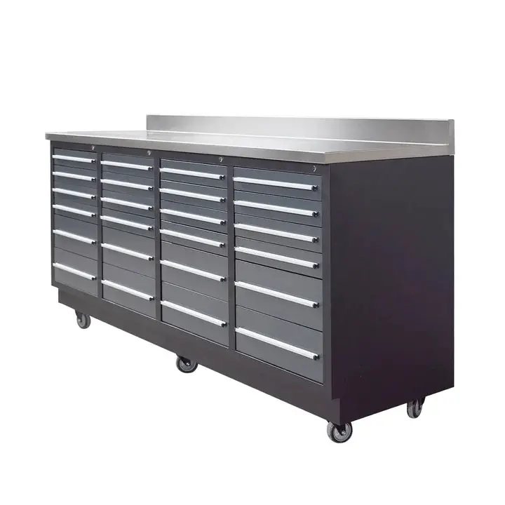 TMG Heavy Series™ 7-Ft 24-Drawer Workbench with Stainless Steel Top, Ball Bearing Double Slides & Casters, TMG-WB724