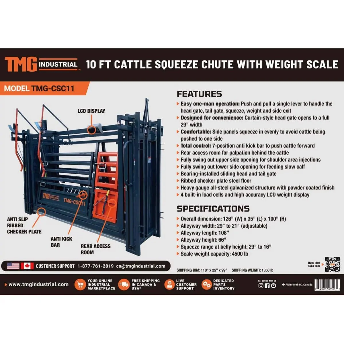 3 m (10′) Squeeze Cattle Work Chute, 2040 kg (4500 lb) Weight Scale, Side Exit, Side Squeeze, LCD Weight Display, TMG‑CSC11 - Image 7