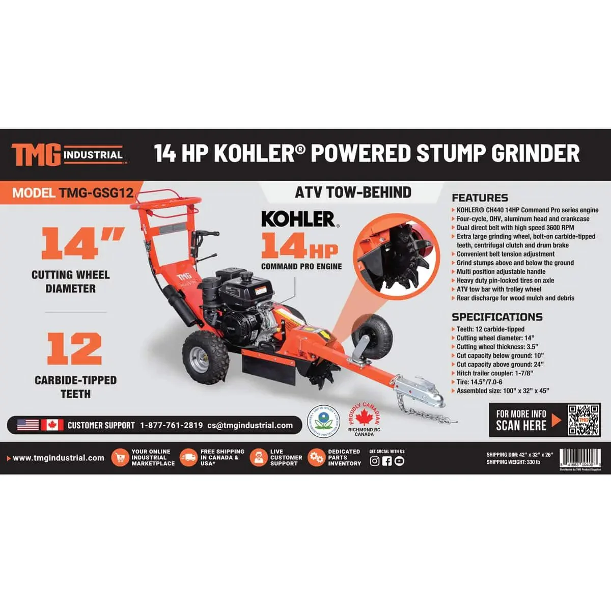 KohlerPowered Walk Behind & Tow Behind Stump Grinder, 12 Carbide Teeth, 610 mm (24″) Cutting Capacity, 14 HP Engine, TMG-GSG12 - Image 12