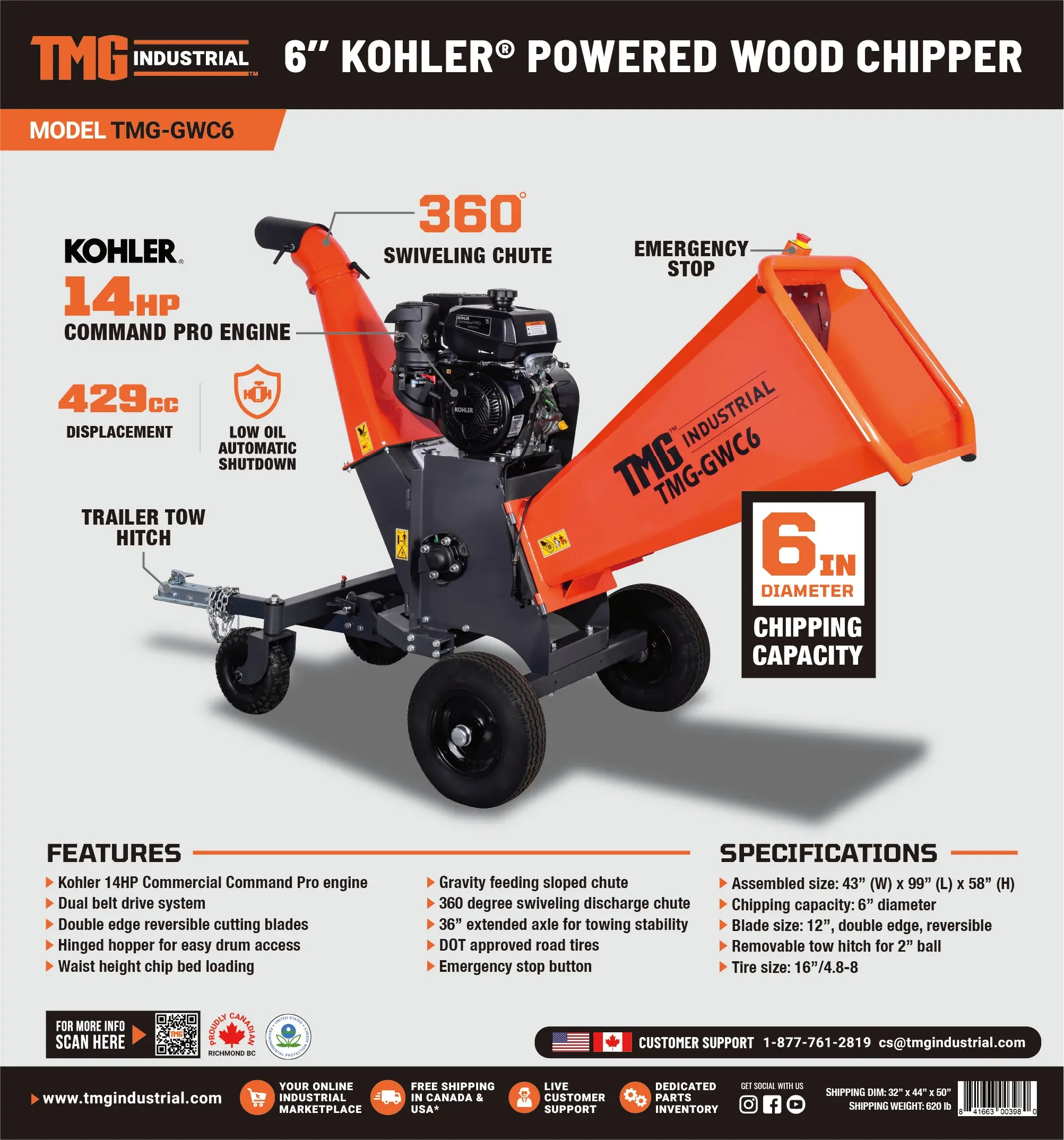 TMG Heavy Series™ 150 mm (6") Wood Chipper with 14 HP Kohler Gas Engine, 50 mm (2") Hitch Tow-Behind, TMG-GWC6 - Image 13