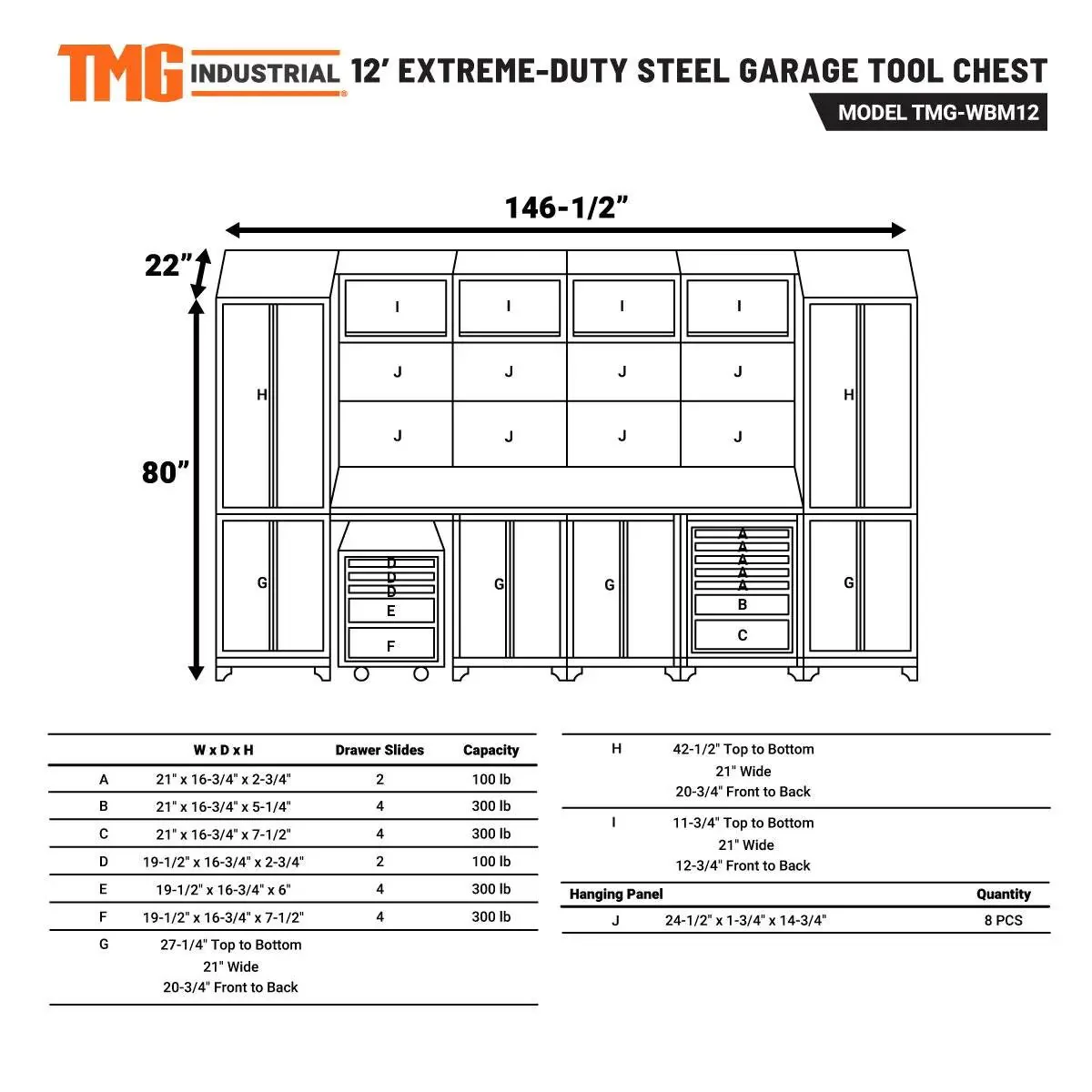 3.8m Steel Garage Cabinet with Workbench, Pegboard and LED Lighting, TMG-WBM12 - Image 14