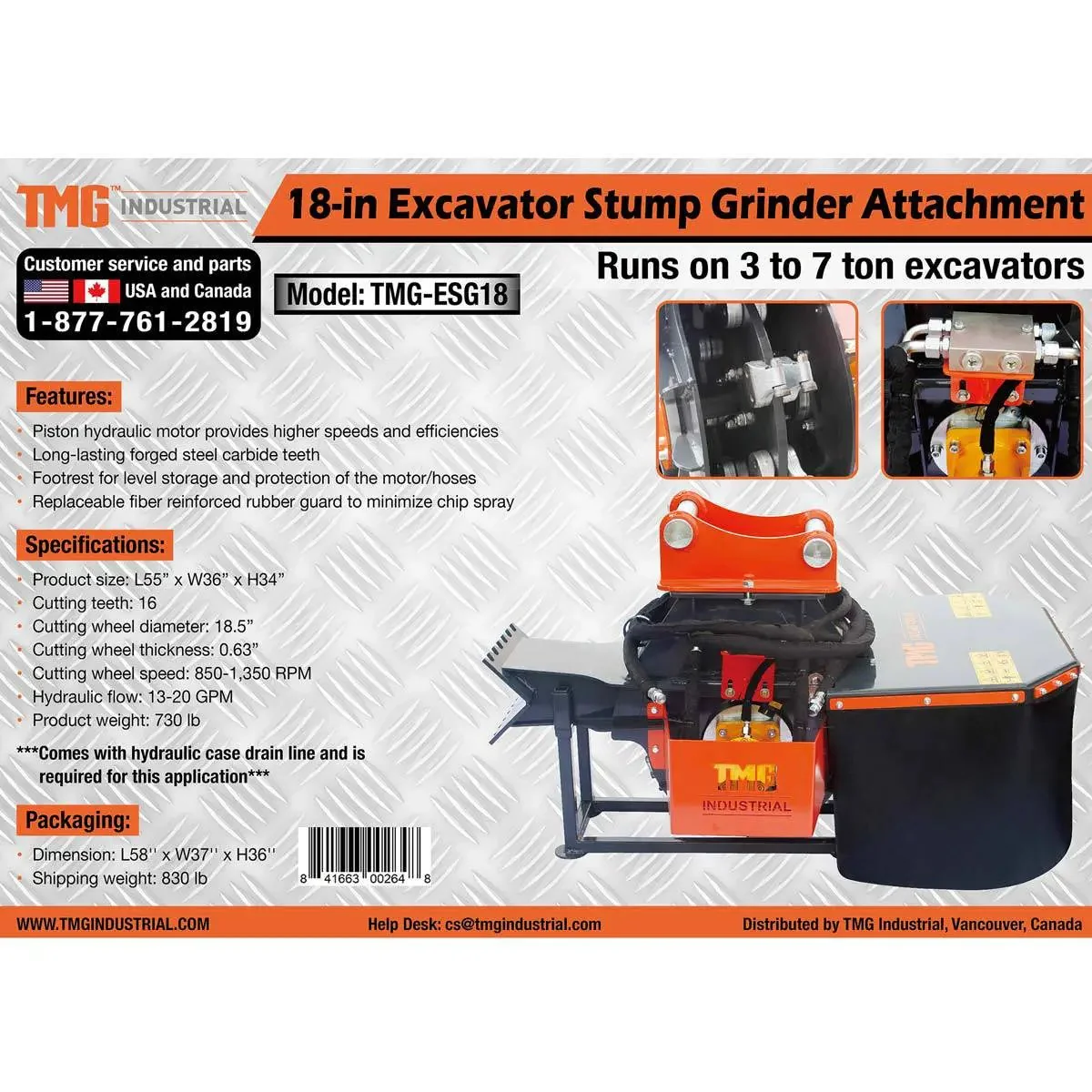 470 mm (18″) Excavator Stump Grinder Attachment, 3 - 7 ton Excavators and Backhoes, TMG‑ESG18 - Image 12