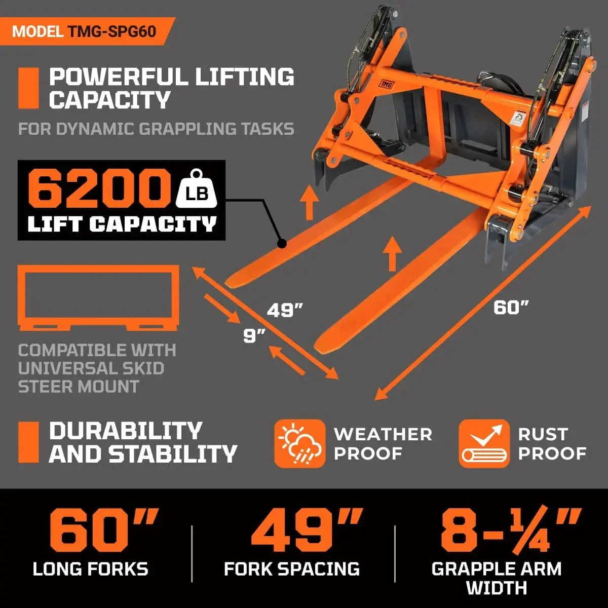 1.5 m Skid Steer Pallet Fork Pipe Grapple, 4 Hydraulic Cylinders, 2800 kg Capacity, TMG-SPG60 - Image 3