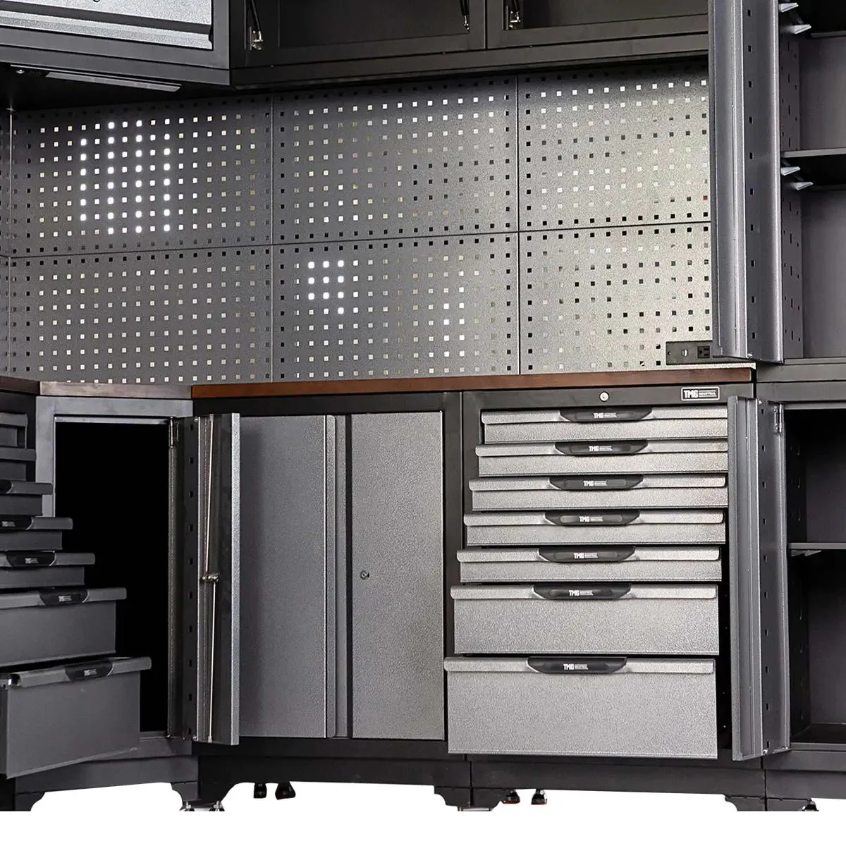 3.5m+2.6m L-Shaped Steel Garage Cabinet with Workbench, Pegboard and LED Lighting, TMG-WBM15 - Image 5