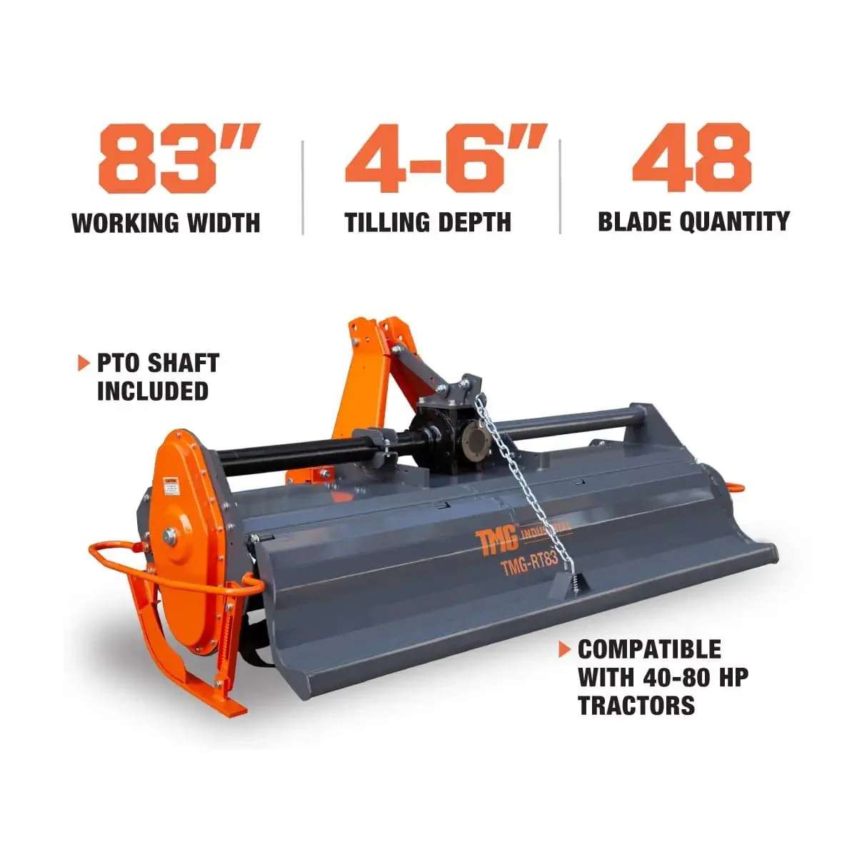 2100 mm (83") Rotary Tiller, 45 - 80 HP Tractor, 3-Point Hitch, Category 1 & 2 TMG-RT83 - Image 3