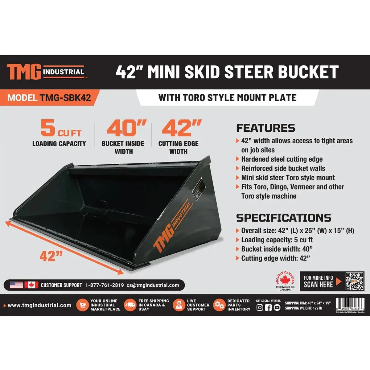 1070mm (42") Mini Skid Steer Bucket, Toro Style Mount, 0.14 m³ (5 cu-ft) capacity, TMGSBK42 - Image 8
