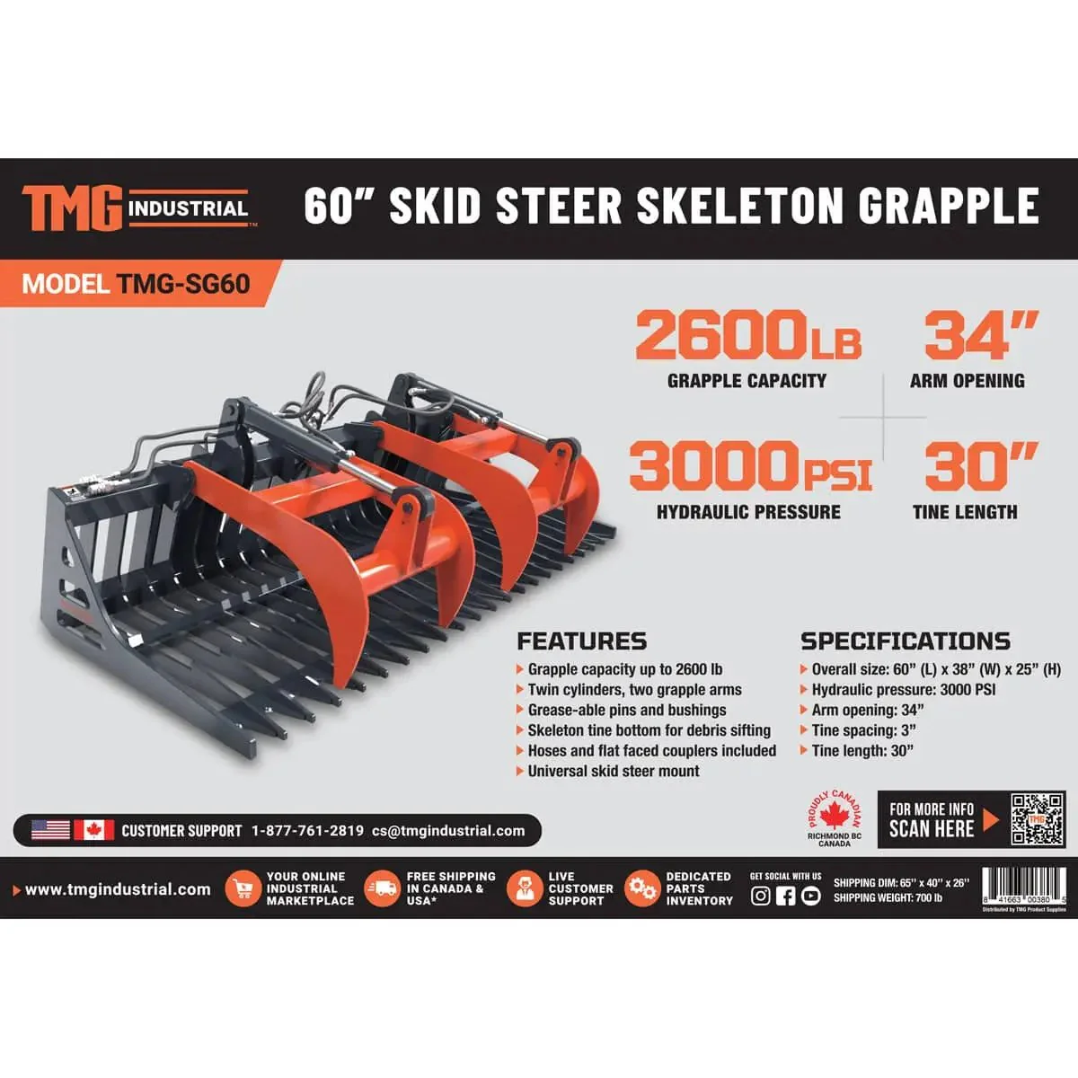 1520 mm (60") Skid Steer Skeleton Grapple Attachment, Universal Mount, TMG-SG60 - Image 13