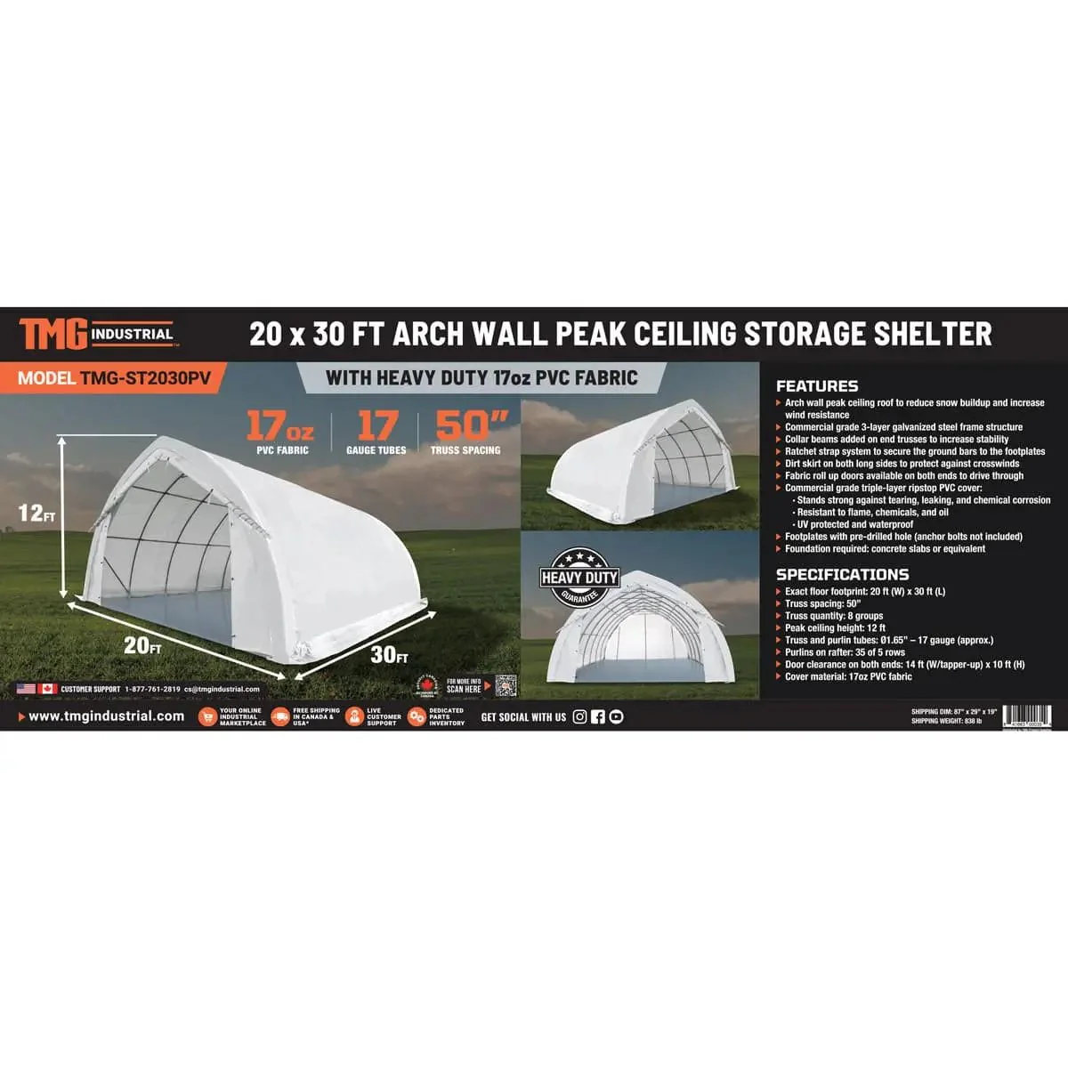 6 x 9 m Arch Wall Peak Ceiling Storage Shelter with Heavy Duty PVC Fabric Cover, TMG-ST2031PV - Image 13