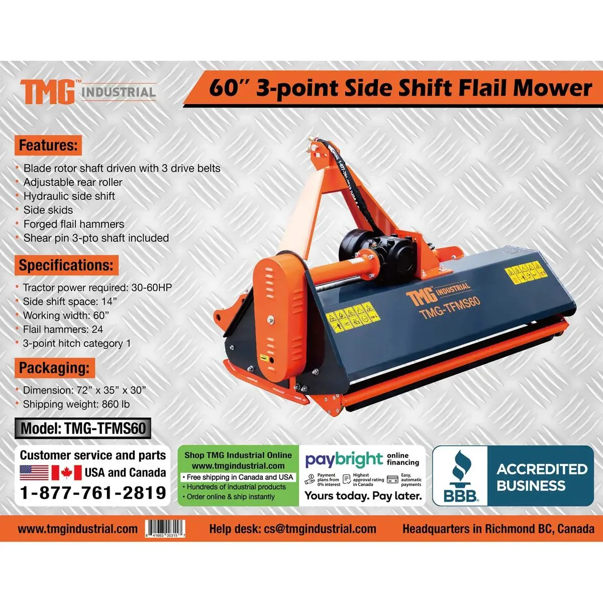 1550 mm (60") Side Shift Offset Flail Mower, 3‑Point Hitch, 30 - 60 HP Tractors, PTO Drive Shaft, TMG‑TFMS60 - Image 12